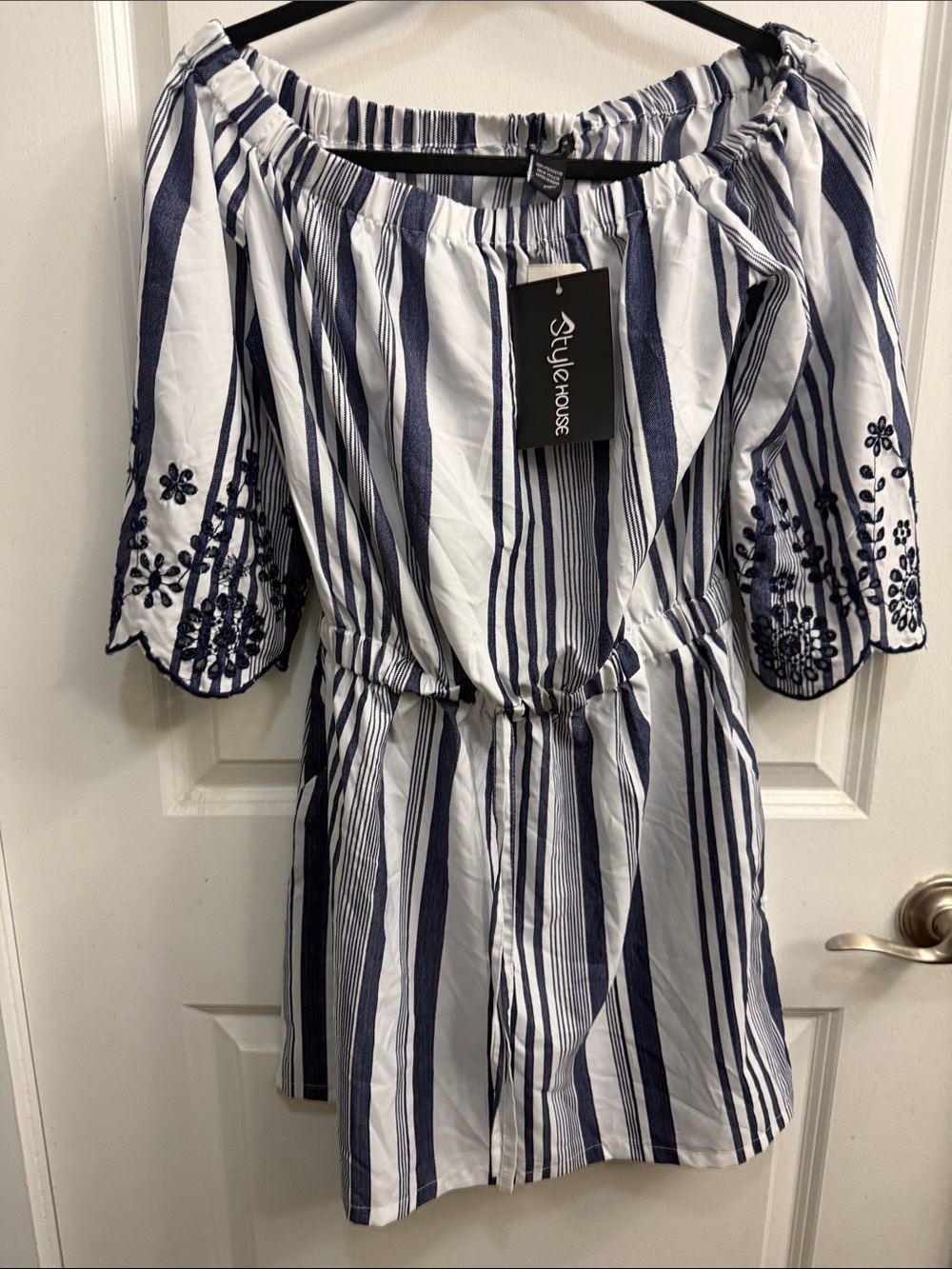 Striped Off-Shoulder Tunic with Embroidered Sleeves